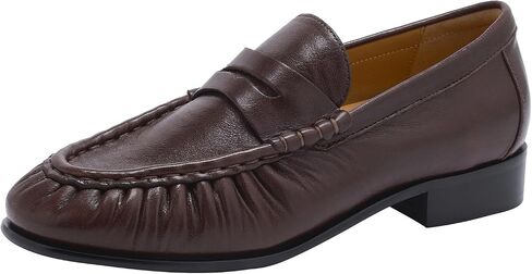 Women's Genuine Leather Penny Loafers Slip On Low Block Heels | Soft Sheepskin Upper & Lining, Top-grain Cow Leather Top PU Cushioned Insole, Ruched Toe, Comfortable for Daily & Office Wear in Kuwait
