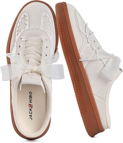 Womens Slip On Mule Sneakers Ribbon Lace-Up Closed Toe Backless Slide Shoes | Summer Cute Fashion Casual Slides On Shoes, Two Pairs of Shoelaces, Open Back Arch Support Non Slip Gum Sole in Saudi Arabia