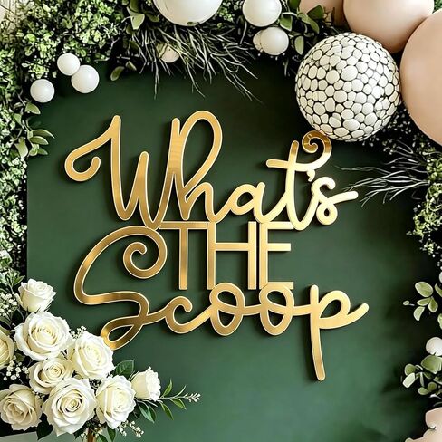 What's The Scoop Sign for Backdrop,Acrylic Gold Summer Baby Shower Party Decor for Ice Cream Gender Reveal Party Decorations for Balloons Arch Backdrop in Kuwait