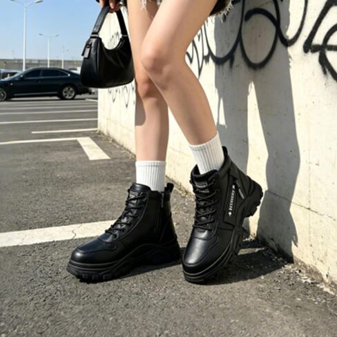 Women's Ankle Boots Lace Up Outdoor Booties Black, US 8.5 | Side Zipper Walking Shoes Anti-Slip Sneakers Wide Feet Short Boots Flat Fashion Combat Booties Women Comfortable Hiking Shoe in Kuwait