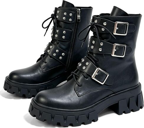 MEOTINA Platform Combat Boots Goth Chunky High Heel Punk Motorcycle Booties | Edgy alt gothic rock emo grunge aesthetic for dress styling, buckle, studded ,lace up ,zipper ,chains and lug sole design in Saudi Arabia