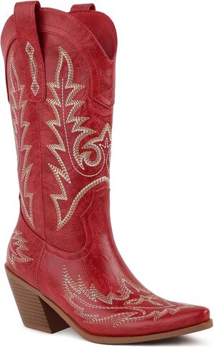 Western Cowboy Boots for Women Mid Calf Cowgirl Boots Pointed Toe Chunky Heel Embroidery Red Boots Shoes in Saudi Arabia