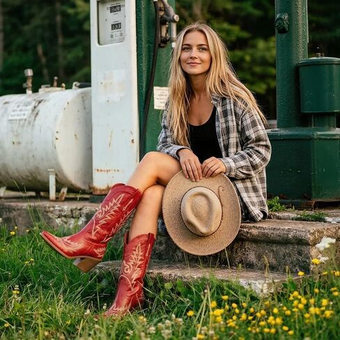 Western Cowboy Boots for Women Mid Calf Cowgirl Boots Pointed Toe Chunky Heel Embroidery Red Boots Shoes in Saudi Arabia