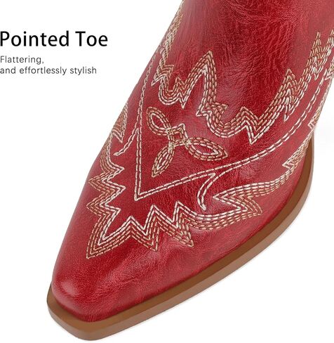 Western Cowboy Boots for Women Mid Calf Cowgirl Boots Pointed Toe Chunky Heel Embroidery Red Boots Shoes in Saudi Arabia