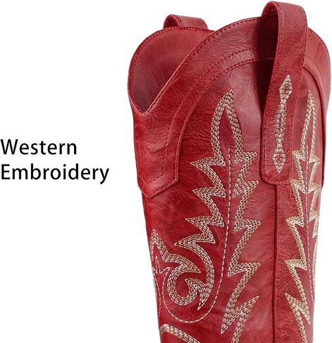 Western Cowboy Boots for Women Mid Calf Cowgirl Boots Pointed Toe Chunky Heel Embroidery Red Boots Shoes in Saudi Arabia