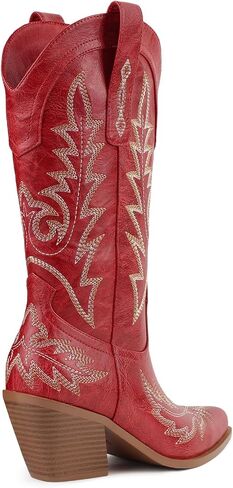Western Cowboy Boots for Women Mid Calf Cowgirl Boots Pointed Toe Chunky Heel Embroidery Red Boots Shoes in Saudi Arabia