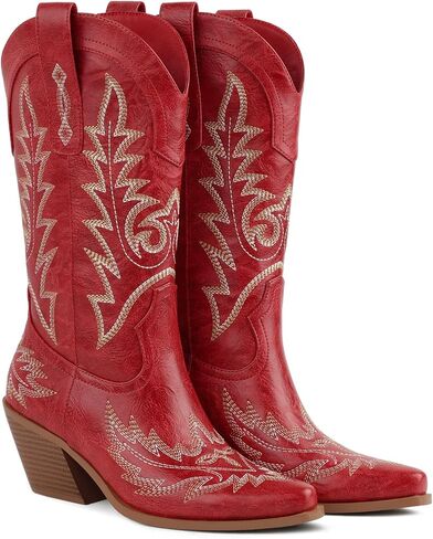 Western Cowboy Boots for Women Mid Calf Cowgirl Boots Pointed Toe Chunky Heel Embroidery Red Boots Shoes in Saudi Arabia
