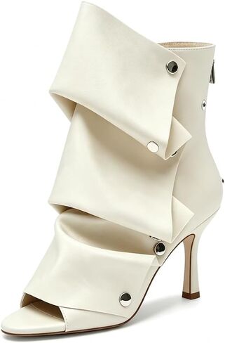 Women's Layered Ruched Ankle Boots, Foldover Pointy Open Toe Slouchy Silver Buttons Stiletto Fashion Short Booties for Party & Daily Wear in Saudi Arabia