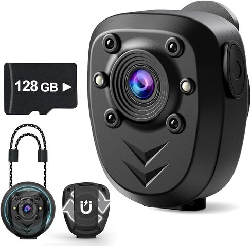 Mini Body Camera Video Recorder Built-in 128GB Card with Night Vision IR & Loop Record HD 1080P, 6 HR Battery Life Police Cam for Outdoor, Law Enforcement, Security Guard (128G With Magnetic Lanyard) in Saudi Arabia