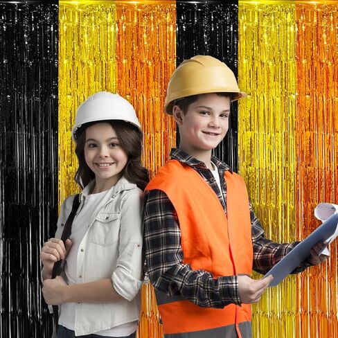 Construction Foil Fringe Curtain Birthday Party Decorations Supplies, 2 PCS | 3.28 x 6.56 Ft Yellow Orange Black Tinsel Streamer Backdrop Photo Booth Props for Construction Truck Party Decor Favors in Saudi Arabia