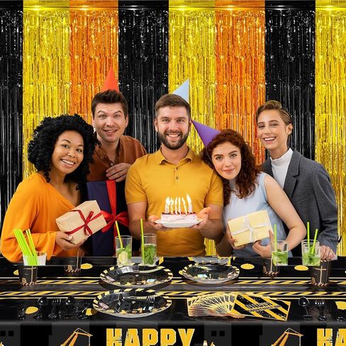 Construction Foil Fringe Curtain Birthday Party Decorations Supplies, 2 PCS | 3.28 x 6.56 Ft Yellow Orange Black Tinsel Streamer Backdrop Photo Booth Props for Construction Truck Party Decor Favors in Saudi Arabia