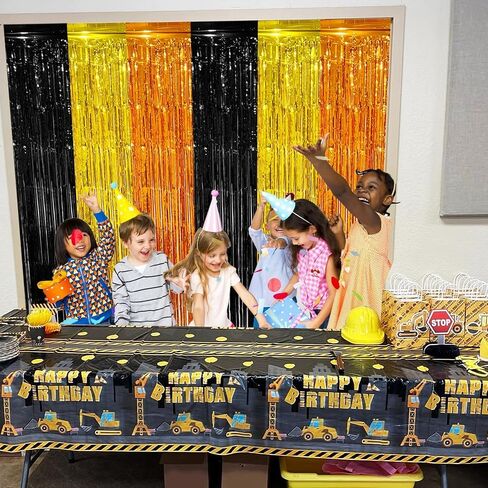 Construction Foil Fringe Curtain Birthday Party Decorations Supplies, 2 PCS | 3.28 x 6.56 Ft Yellow Orange Black Tinsel Streamer Backdrop Photo Booth Props for Construction Truck Party Decor Favors in Saudi Arabia