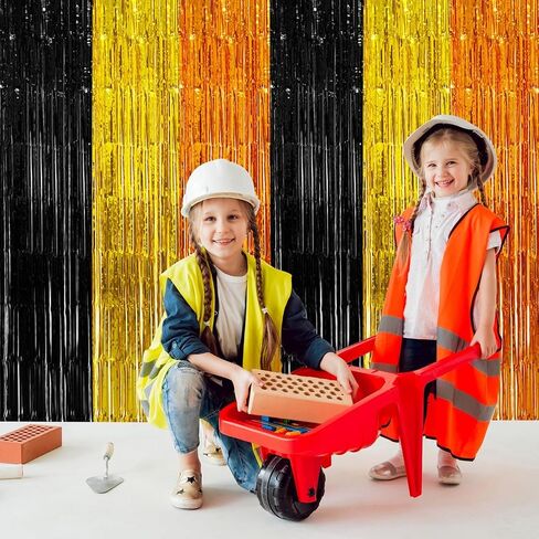 Construction Foil Fringe Curtain Birthday Party Decorations Supplies, 2 PCS | 3.28 x 6.56 Ft Yellow Orange Black Tinsel Streamer Backdrop Photo Booth Props for Construction Truck Party Decor Favors in Saudi Arabia