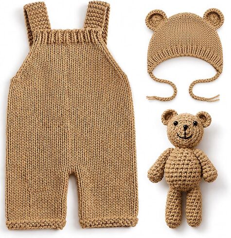 Newborn Photography Props Baby Bear Knit Romper Hat Outfits Set Boys Girls Photo Shoot Animal Costume Outfit 0-3 Month Crochet Knitted Overalls Bonnet in Saudi Arabia
