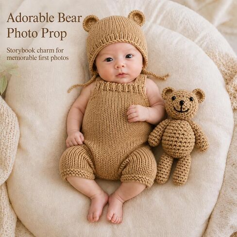 Newborn Photography Props Baby Bear Knit Romper Hat Outfits Set Boys Girls Photo Shoot Animal Costume Outfit 0-3 Month Crochet Knitted Overalls Bonnet in Saudi Arabia