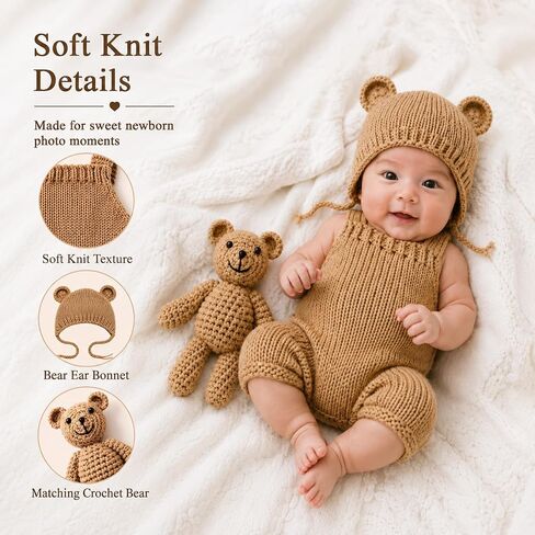 Newborn Photography Props Baby Bear Knit Romper Hat Outfits Set Boys Girls Photo Shoot Animal Costume Outfit 0-3 Month Crochet Knitted Overalls Bonnet in Saudi Arabia
