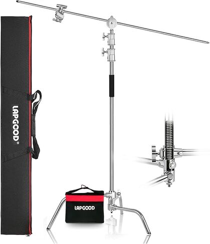 Stainless Steel Heavy Duty 10.8ft C Stand with Boom Arm Holding Arm | Max 10.8ft Professional Stand, 4.2ft Extension Arm, 2 Grip Head, Sandbag, Storage Bag, Ideal for Photography Lighting in Saudi Arabia