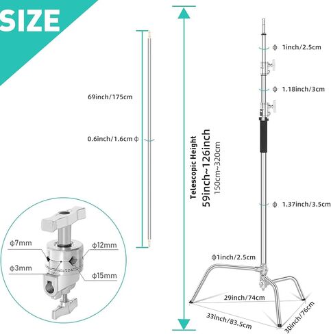 Stainless Steel Heavy Duty 10.8ft C Stand with Boom Arm Holding Arm | Max 10.8ft Professional Stand, 4.2ft Extension Arm, 2 Grip Head, Sandbag, Storage Bag, Ideal for Photography Lighting in Saudi Arabia