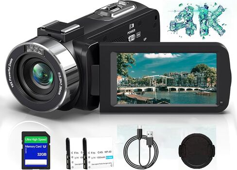 4K Ultra HD 80MP Video Camera Camcorder for YouTube Vlogging | IR Night Vision,18X Digital Zoom,3.0" 270° Rotatable IPS Screen;Video Recorder,Comes with 32GB SD Card,Lens Cap & 2 Batteries in Kuwait