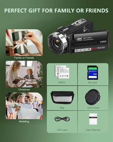 4K Ultra HD 80MP Video Camera Camcorder for YouTube Vlogging | IR Night Vision,18X Digital Zoom,3.0" 270° Rotatable IPS Screen;Video Recorder,Comes with 32GB SD Card,Lens Cap & 2 Batteries in Kuwait