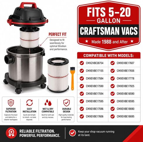 2pcs 38754 Filter for Craftsman CMXZVBE38754 General 5-20 Gal. Wet Dry Vac | Red Stripe Filters Fits 5 to 20 Gallon Shop Vacuums Since 1988; Check Vacuum Model and Filter Shape First. in Kuwait