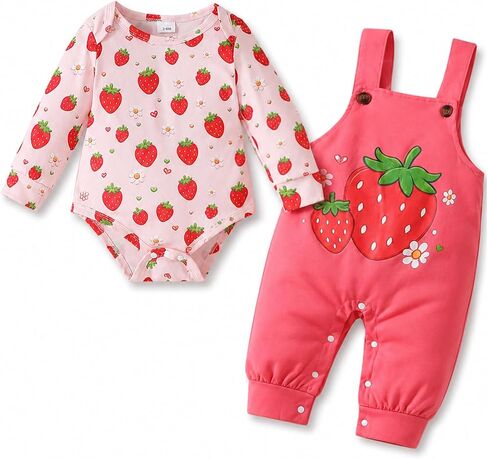 Baby Girl Clothes 2 Piece Bodysuit Suspender Romper Outfits Floral Strawberry Deer Bear 0 3 6 12 18 Months in Saudi Arabia
