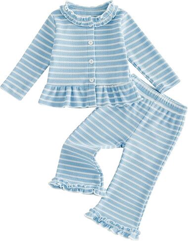 Toddler Baby Girl Fall Outfit Ruffles Shirt Flared Pants Set | Waffle Knit, Striped, Long Sleeve Button Down Tops, Bell Bottoms, 6M, 12M ,18M, 2T, 3T, 4T, Little Kids, 2Pcs Clothes, Spring in Kuwait