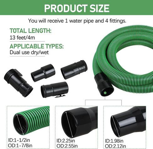 13ft 1-7/8" Wet/Dry Shop Vac Hose with 2-1/2" Adapters for WORKSHOP Vacs | WS25021A Shop Vac Hose, 6 Accessories, Green, Fits 2-1/2" Inlet Most Shop Vac Brands, Locking, Abrasion & Crush Resistant in Saudi Arabia