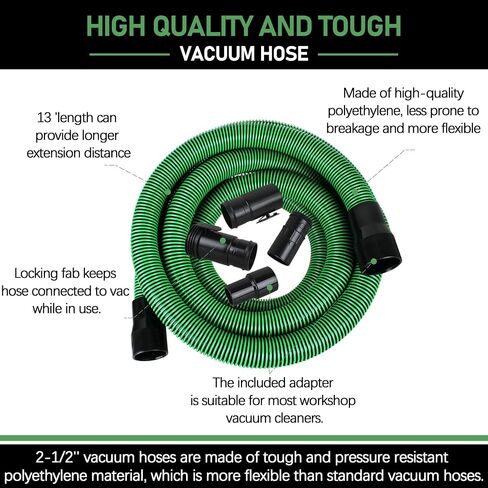 13ft 1-7/8" Wet/Dry Shop Vac Hose with 2-1/2" Adapters for WORKSHOP Vacs | WS25021A Shop Vac Hose, 6 Accessories, Green, Fits 2-1/2" Inlet Most Shop Vac Brands, Locking, Abrasion & Crush Resistant in Saudi Arabia