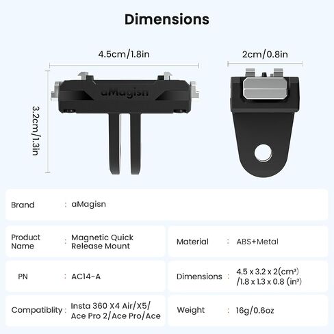 Magnetic Quick Release Mount for Insta 360 X5/X4 Air/Ace Pro 2/Ace Pro/Ace, Anti-Vibration Silicone Pad for Cycling Skiing Vlog, Stainless Steel Bracket with 2 Prong & 1/4" in Kuwait