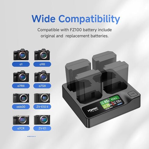 Toprig Accsoon 4-Bay PD Fast Charger LCD Display, Compatible with A7III, A7IV, A6700, FX3, FX30, A1, A7C, A7CII, A7RV, A7S III, A6600, A6700, ZV-E1,ZV-E10II-FZ100 Battery Charger in Kuwait