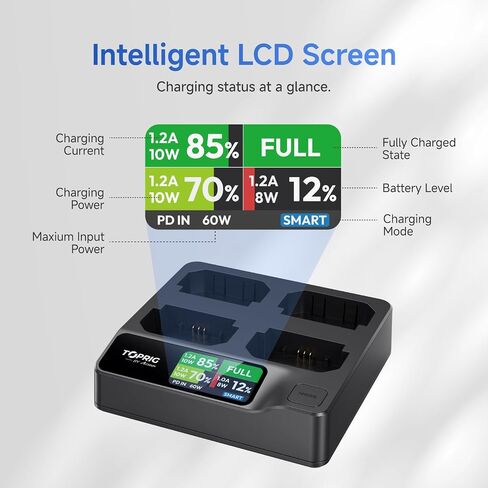 Toprig Accsoon 4-Bay PD Fast Charger LCD Display, Compatible with A7III, A7IV, A6700, FX3, FX30, A1, A7C, A7CII, A7RV, A7S III, A6600, A6700, ZV-E1,ZV-E10II-FZ100 Battery Charger in Kuwait
