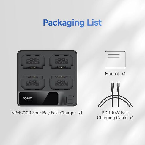 Toprig Accsoon 4-Bay PD Fast Charger LCD Display, Compatible with A7III, A7IV, A6700, FX3, FX30, A1, A7C, A7CII, A7RV, A7S III, A6600, A6700, ZV-E1,ZV-E10II-FZ100 Battery Charger in Kuwait