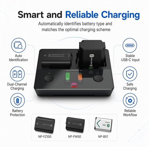 ISDT NP2 3-in-1 Camera Battery Charger for Sony, Dual Slot USB-C Smart Charger for NP-FZ100 NP-FW50 NP-BX1 Batteries, LCD Display for Sony a7, a6000, ZV-1, RX100 in Saudi Arabia
