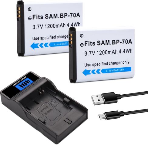 2 Pack BP-70A Replacent Battery with Charger for Samsung DV150F, ES65, ES70, ES80, MV800, PL120, PL170, PL20, PL200, PL80, SL50, SL600, SL605, SL630, ST65, ST66, ST76, ST80, ST90, ST95 in Kuwait