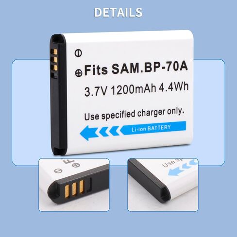 2 Pack BP-70A Replacent Battery with Charger for Samsung DV150F, ES65, ES70, ES80, MV800, PL120, PL170, PL20, PL200, PL80, SL50, SL600, SL605, SL630, ST65, ST66, ST76, ST80, ST90, ST95 in Kuwait