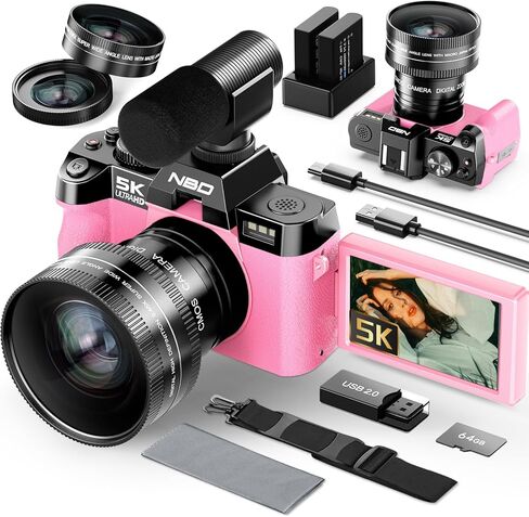 NBD 5K Digital Cameras for Photography - 16X Zoom Travel Camera with 180° Flip Screen, 64MP Vlogging Cameras Fotograficas for YouTube, 2 Batteries & 64GB TF Card,Auto Focus, Macro Lens (Pink) in Saudi Arabia