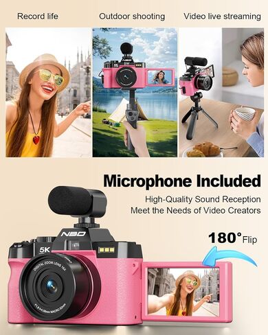 NBD 5K Digital Cameras for Photography - 16X Zoom Travel Camera with 180° Flip Screen, 64MP Vlogging Cameras Fotograficas for YouTube, 2 Batteries & 64GB TF Card,Auto Focus, Macro Lens (Pink) in Saudi Arabia