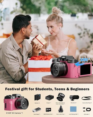 NBD 5K Digital Cameras for Photography - 16X Zoom Travel Camera with 180° Flip Screen, 64MP Vlogging Cameras Fotograficas for YouTube, 2 Batteries & 64GB TF Card,Auto Focus, Macro Lens (Pink) in Saudi Arabia