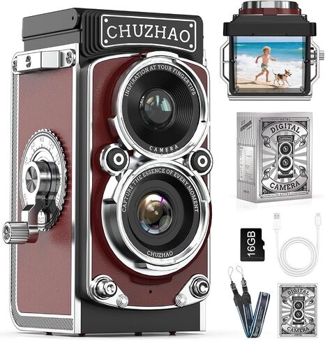 CHUZHAO Digital Camera Retro: Portable TLR Style Twin-Lens Vintage Camera, 12MP Autofocus 1080P FHD Point and Shoot Pocket Vlogging Retro Digital Cameras with16 GB Card for Beginners Boys Girls (Red) in Kuwait