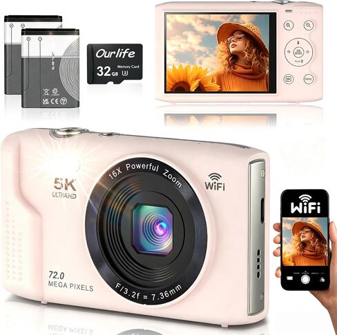 5K Digital Camera for Photography 2 Batteries 32GB Card Pink | 72MP Autofocus WiFi Vlogging Camera for YouTube Video with 16X Digital Zoom,Protable Compact Camera for Teenagers,Flash, in Saudi Arabia