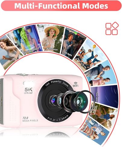 5K Digital Camera for Photography 2 Batteries 32GB Card Pink | 72MP Autofocus WiFi Vlogging Camera for YouTube Video with 16X Digital Zoom,Protable Compact Camera for Teenagers,Flash, in Saudi Arabia