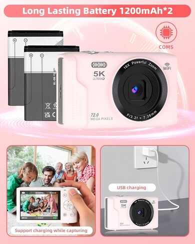 5K Digital Camera for Photography 2 Batteries 32GB Card Pink | 72MP Autofocus WiFi Vlogging Camera for YouTube Video with 16X Digital Zoom,Protable Compact Camera for Teenagers,Flash, in Saudi Arabia
