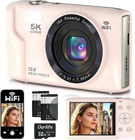 5K Digital Camera for Photography 2 Batteries 32GB Card Pink | 72MP Autofocus WiFi Vlogging Camera for YouTube Video with 16X Digital Zoom,Protable Compact Camera for Teenagers,Flash, in Saudi Arabia