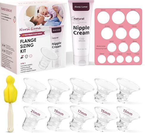 Nursi Luna Flange Sizing Kit for 24mm Breast Pumps, 10PCS | 13/15/17/19/21mm Flange Inserts, Nipple Measurement Tool, Fit Electric & Manual Pump, Soft Silicone, Enhanced Pumping Comfort in Saudi Arabia