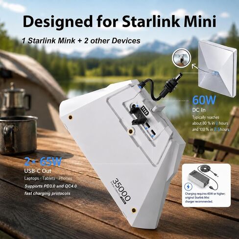 Elfcam - بطارية قابلة للتركيب لجهاز Starlink Mini، بنك طاقة محمول بقدرة 127.75 وات في الساعة (35000 مللي أمبير في الساعة)، وقت تشغيل يصل إلى 6 ساعات، مقاومة للماء IP65، مخرج تيار مستمر ومنفذ USB-C PD مزدوج بقدرة 65 وات، حامل مدمج وحامل ثلاثي القوائم مقاس  in Kuwait
