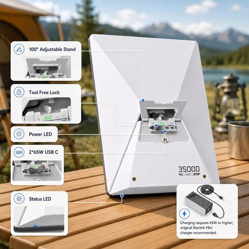 Elfcam - بطارية قابلة للتركيب لجهاز Starlink Mini، بنك طاقة محمول بقدرة 127.75 وات في الساعة (35000 مللي أمبير في الساعة)، وقت تشغيل يصل إلى 6 ساعات، مقاومة للماء IP65، مخرج تيار مستمر ومنفذ USB-C PD مزدوج بقدرة 65 وات، حامل مدمج وحامل ثلاثي القوائم مقاس  in Kuwait
