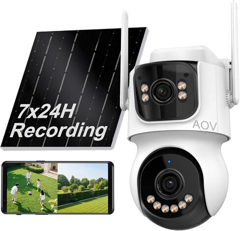 AOV 8MP Dual-Lens Solar Wireless Outdoor Security Camera 2.4GHZ | 24/7 Recording, Human Detection & Auto Tracking, 9W Solar Panel, 10000mAh Battery, 2-Way Audio, Night Vision in Kuwait