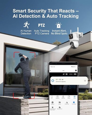 AOV 8MP Dual-Lens Solar Wireless Outdoor Security Camera 2.4GHZ | 24/7 Recording, Human Detection & Auto Tracking, 9W Solar Panel, 10000mAh Battery, 2-Way Audio, Night Vision in Kuwait