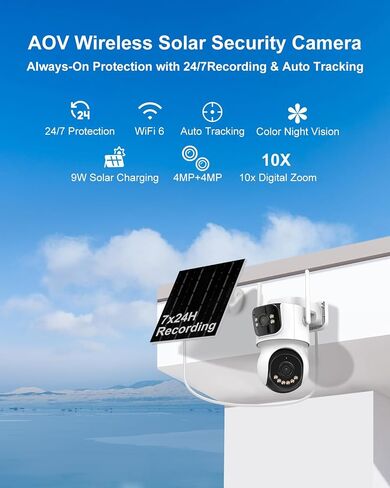 AOV 8MP Dual-Lens Solar Wireless Outdoor Security Camera 2.4GHZ | 24/7 Recording, Human Detection & Auto Tracking, 9W Solar Panel, 10000mAh Battery, 2-Way Audio, Night Vision in Kuwait